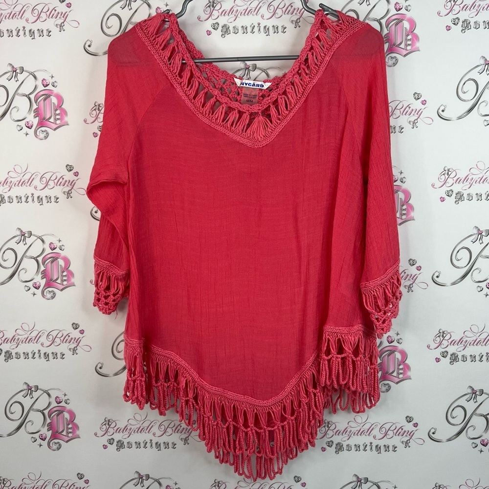 Nygard top blouse red coral Pink Crochet Trim Women's Top flowy poncho style